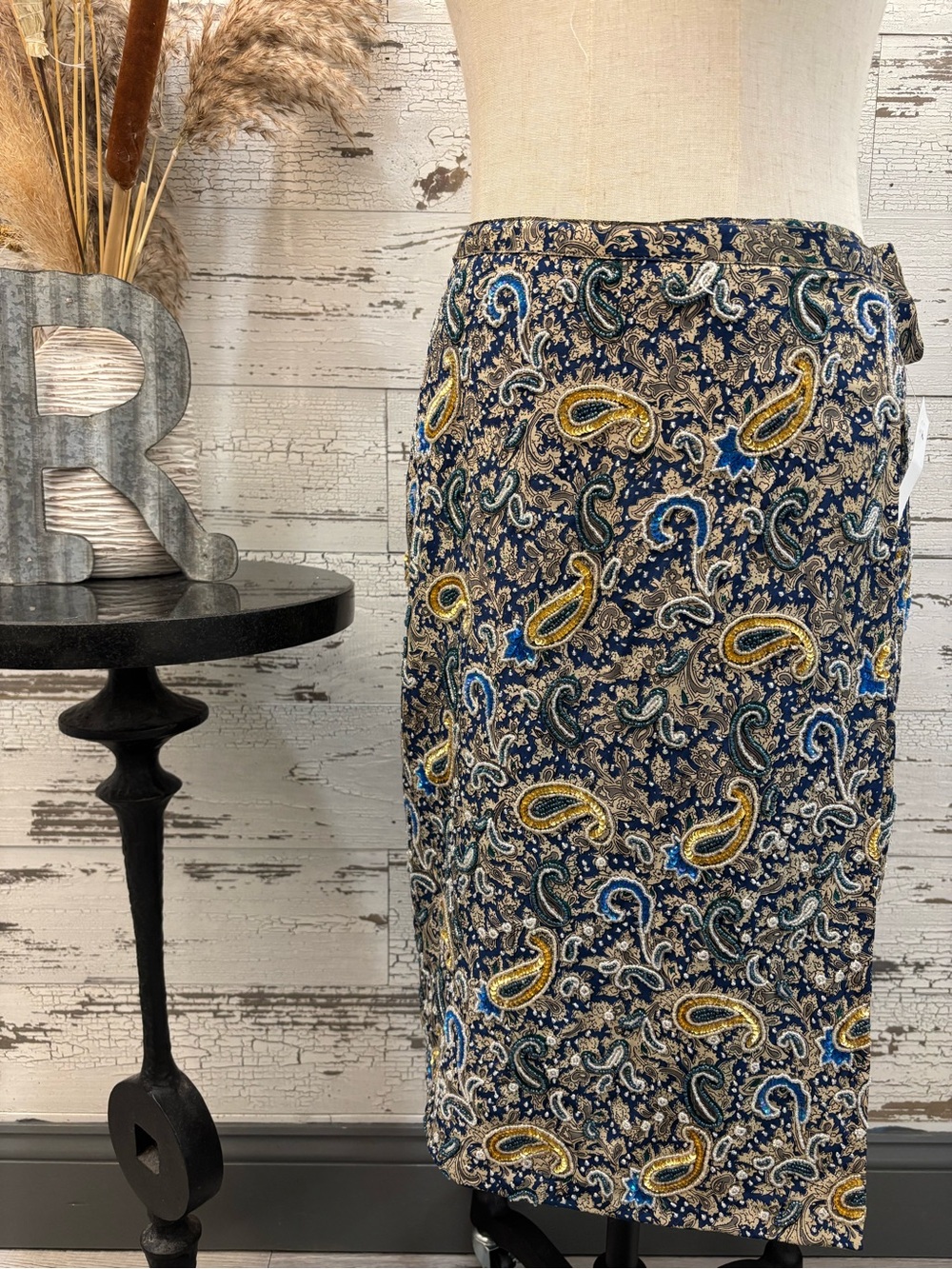 Christiana NWT Vintage Beaded Navy Paisley Pencil Skirt with Yellow Accents